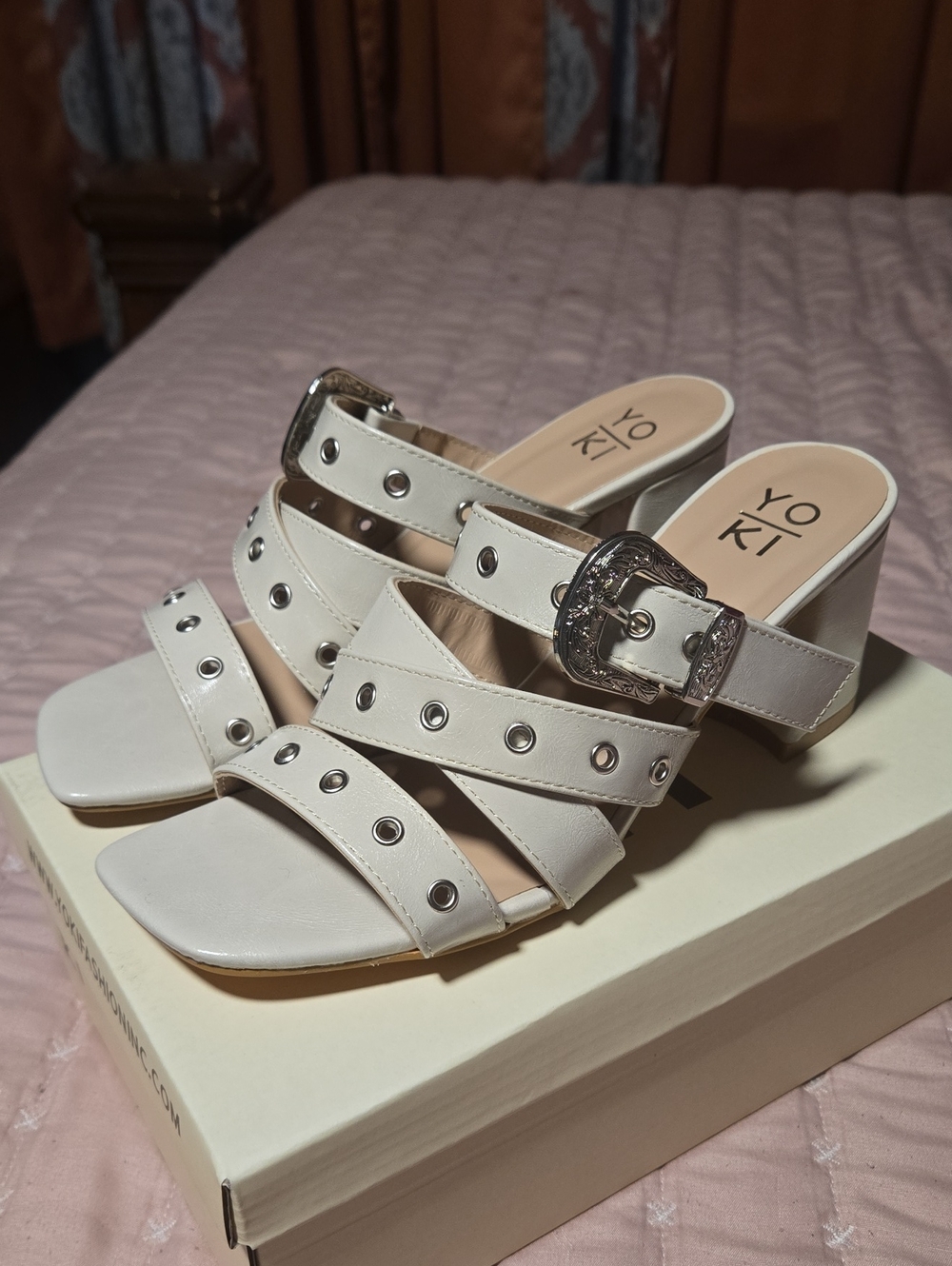 Yoki Ivory Strappy Block Heel Mules with Buckle